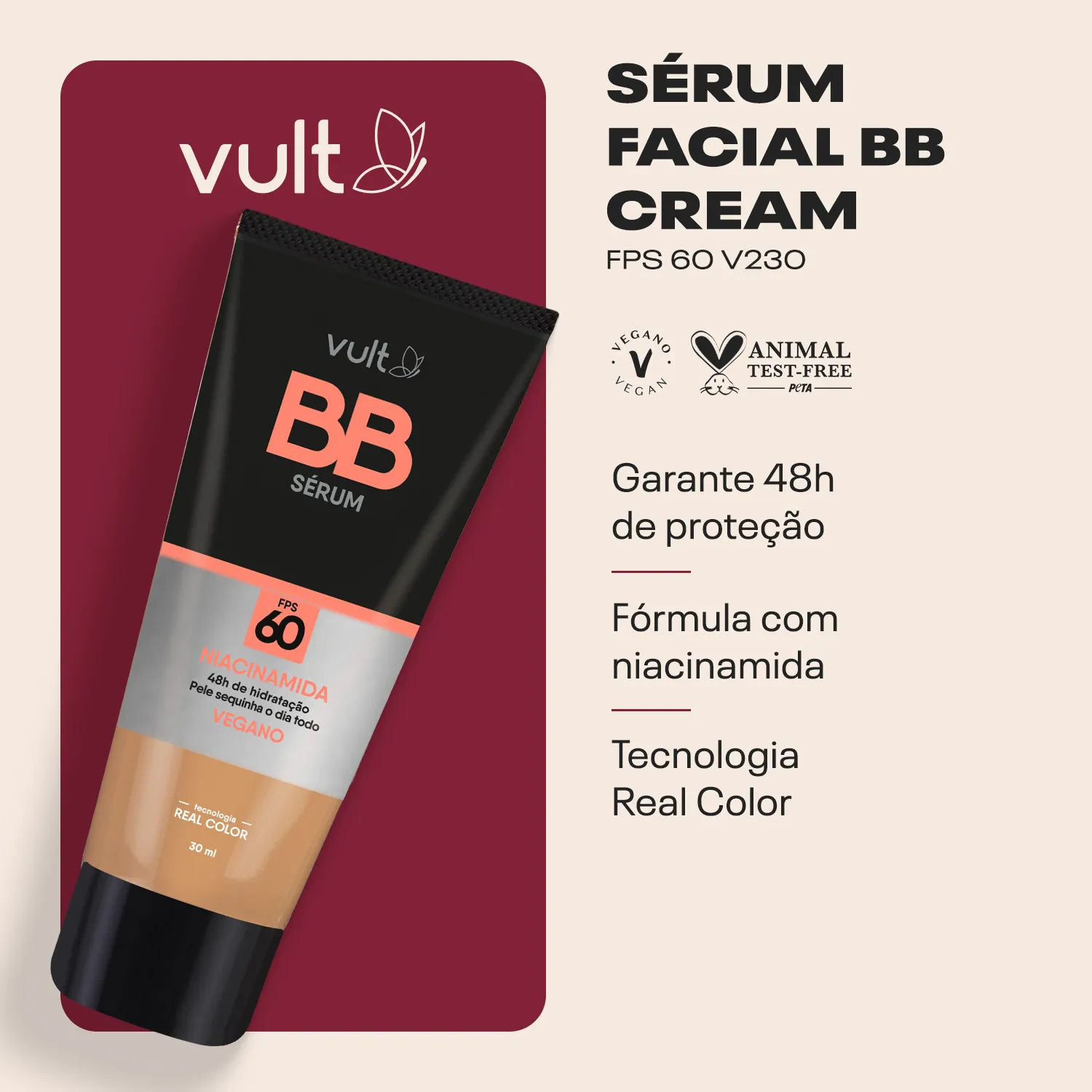 BASE SERUM FACIAL BB COM NIACINAMIDA COR V230 VULT FPS 60 BOTICARIO 30ML